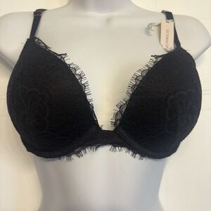 Victorias Secret Dream Angels Pushup Bra Thick Padded Size 32DD‎ Black Lace NEW